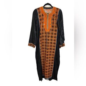 VTG Handmade Embroidered Kaftan Black Orange Blue Boho Festival Maxi Robe L/XL